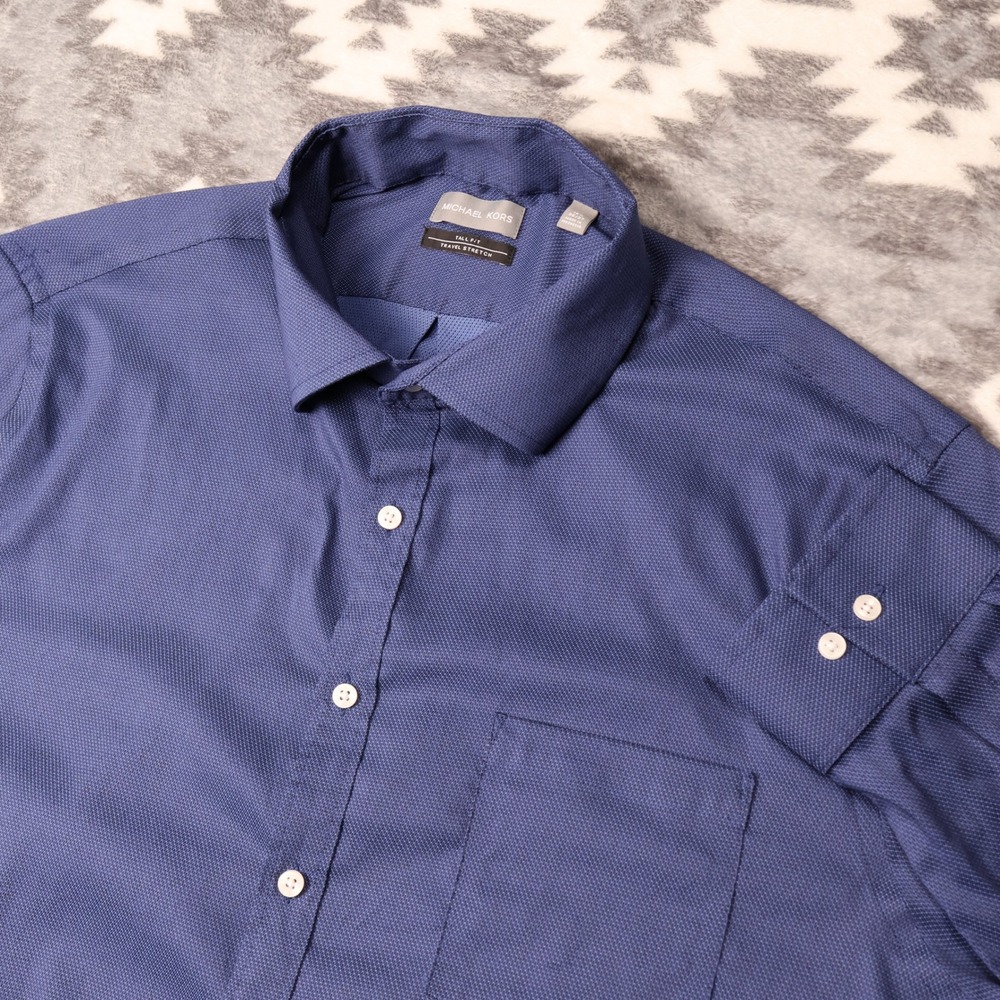 Michael Kors Shirt Men 18.5 36/37 Tall Fit Travel Stretch Geometric Blue Button